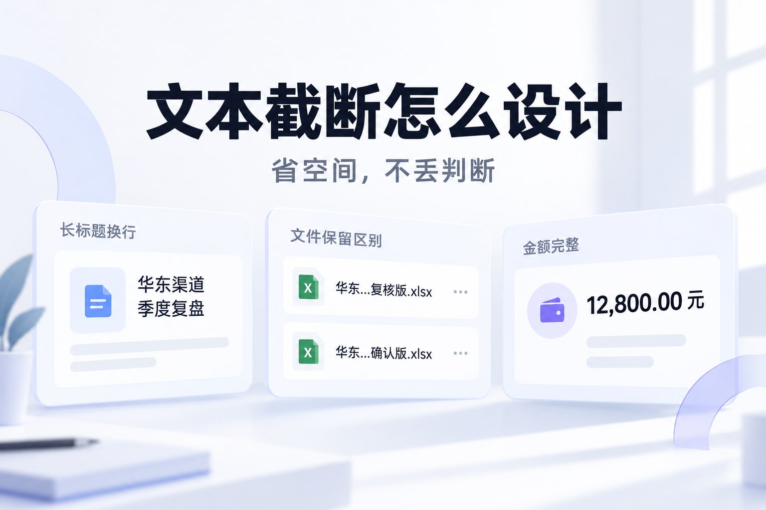 文本截断的不同策略：标题换行、文件名保留版本与后缀、金额完整显示