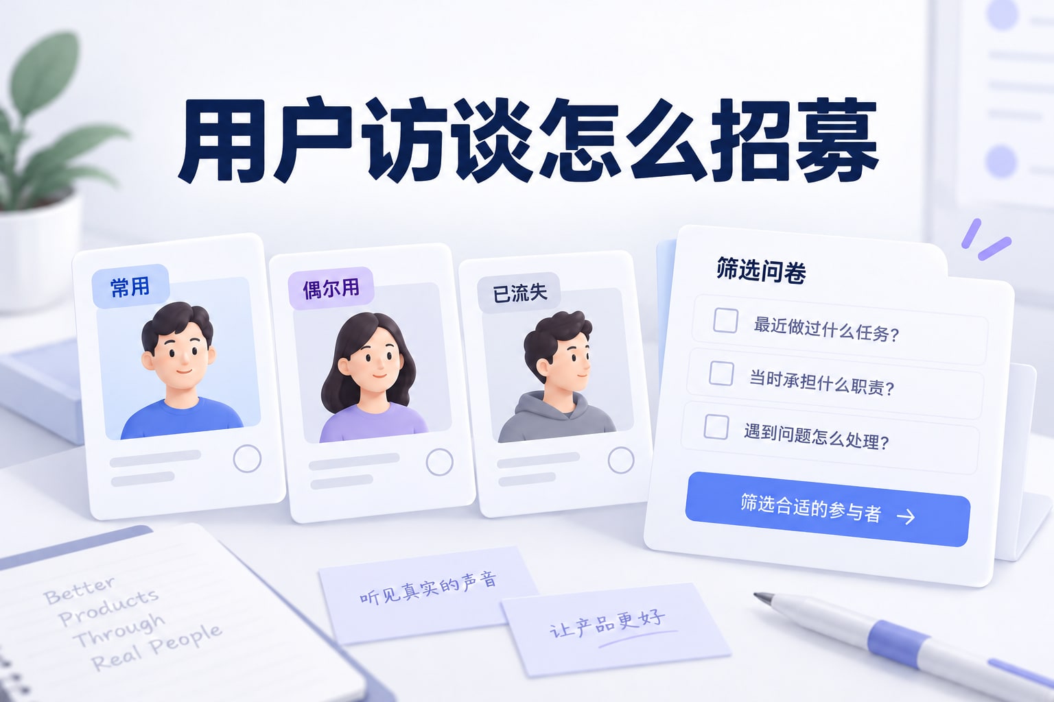 用户访谈招募通过行为筛选问卷覆盖常用、偶尔使用与已流失的参与者