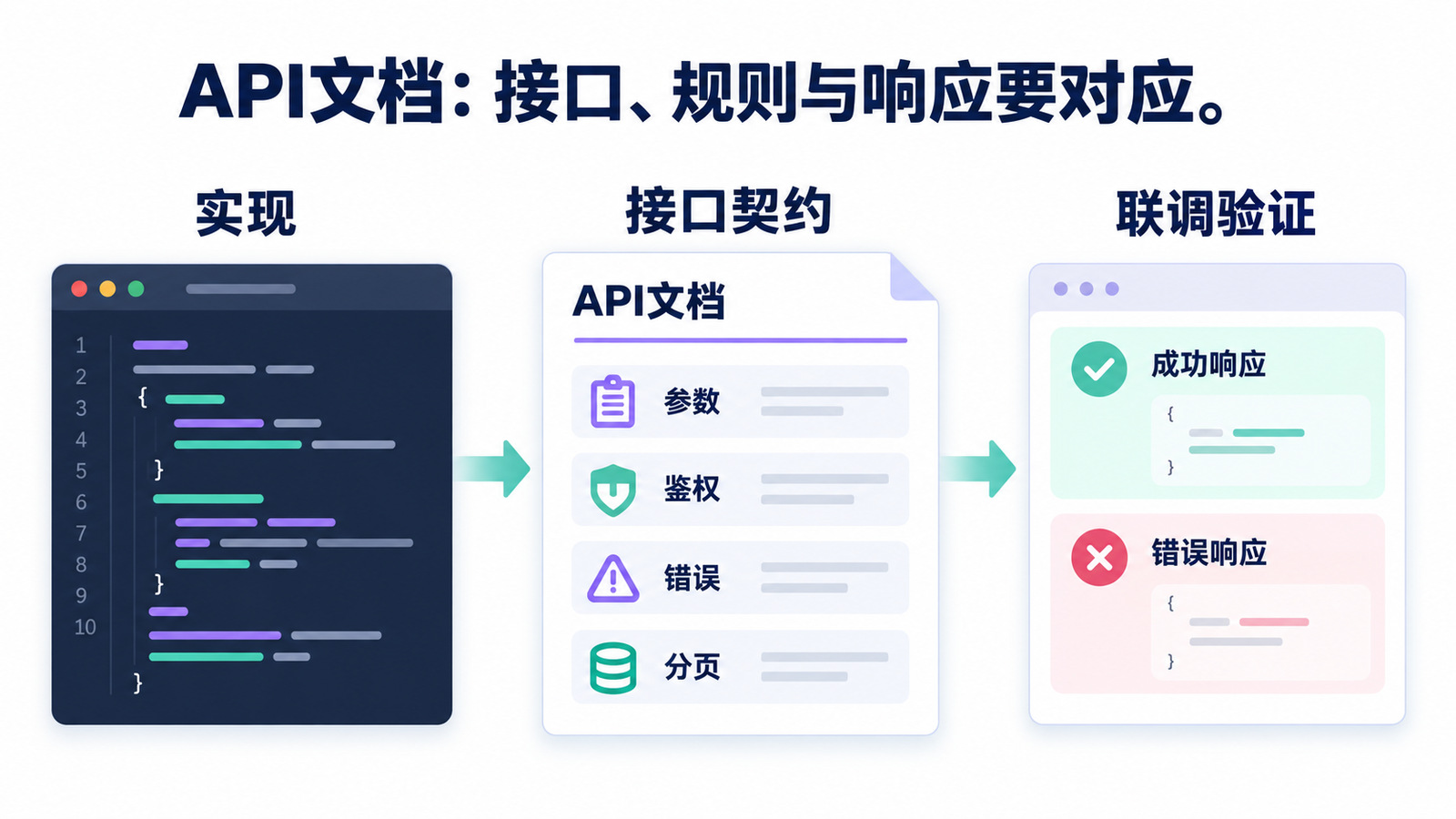 API文档连接实现代码、接口契约和成功及错误响应的联调验证