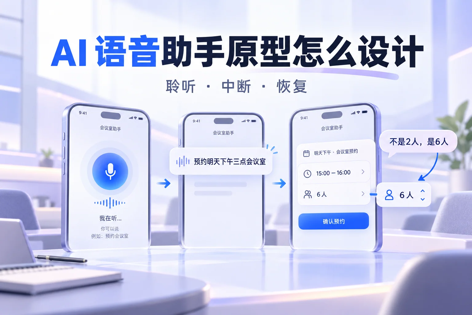 语音预约会议室原型中的聆听、识别、人数纠正和确认预约