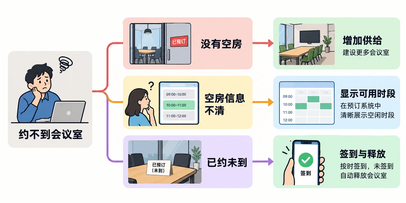 约不到会议室的三种原因，分别对应增加供给、显示可用时段与签到释放方案