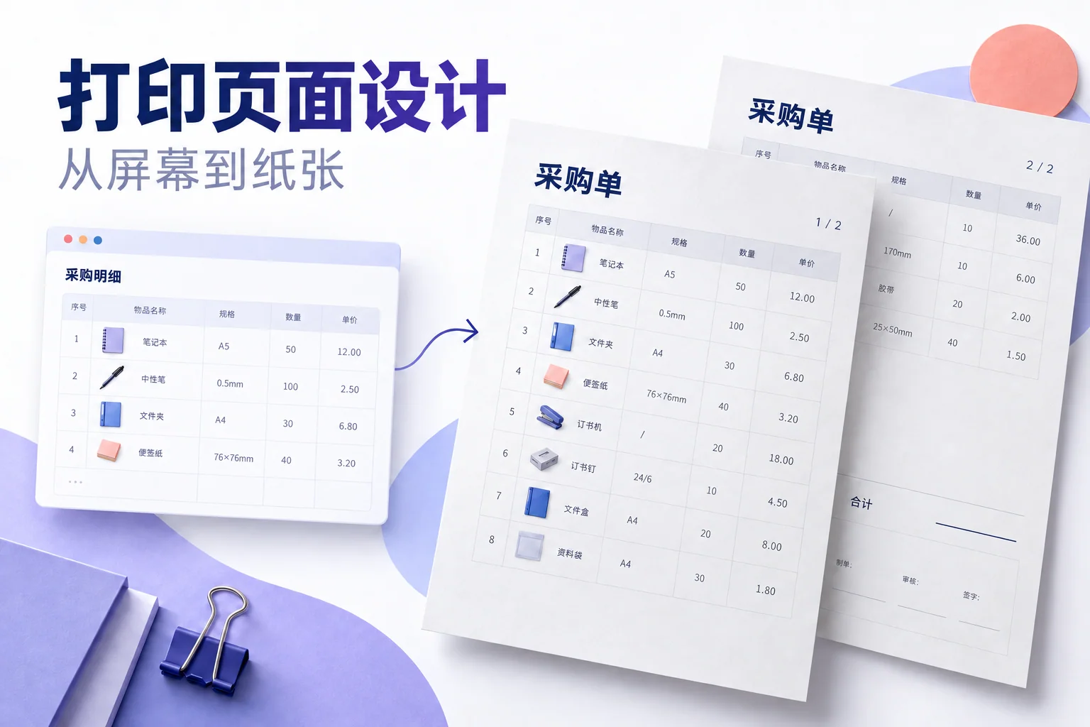 打印页面设计：采购明细从屏幕布局转换为分页单据