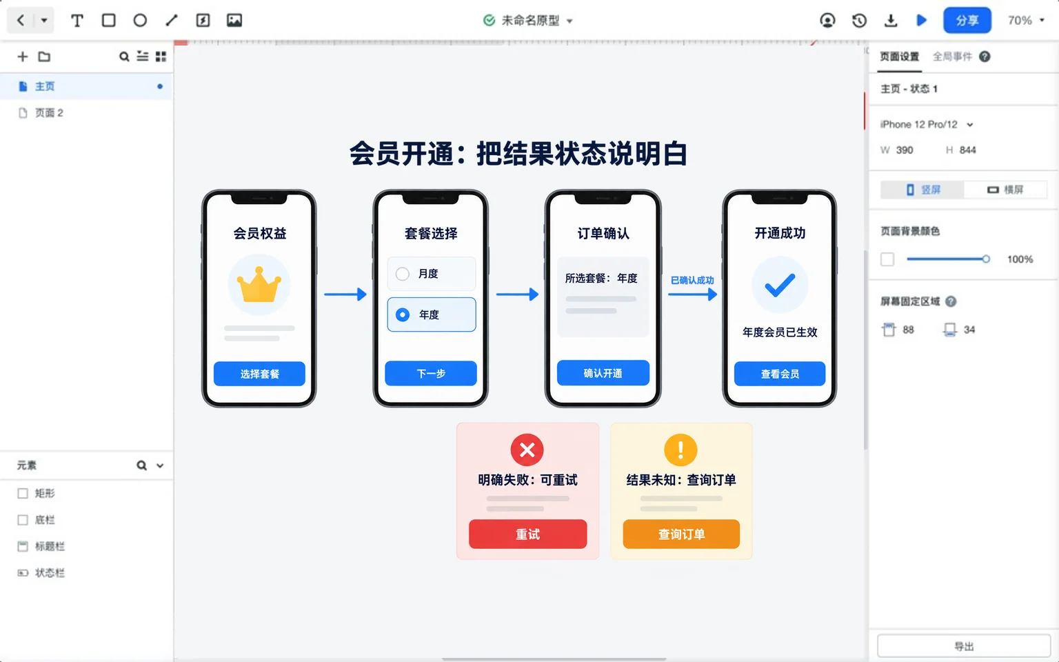 会员开通原型中的套餐选择、确认与成功流程，以及明确失败可重试和结果未知查询订单两种状态