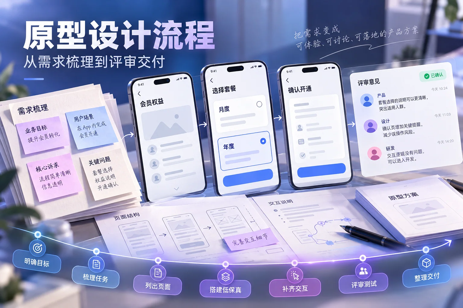 会员开通原型连接需求梳理、套餐选择、交互说明与评审交付七个步骤