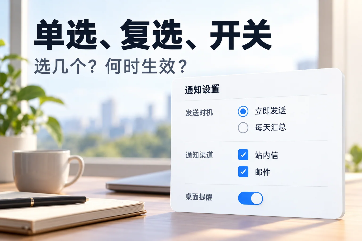 单选框、复选框与开关分别表达三选一、可多选和即时开关