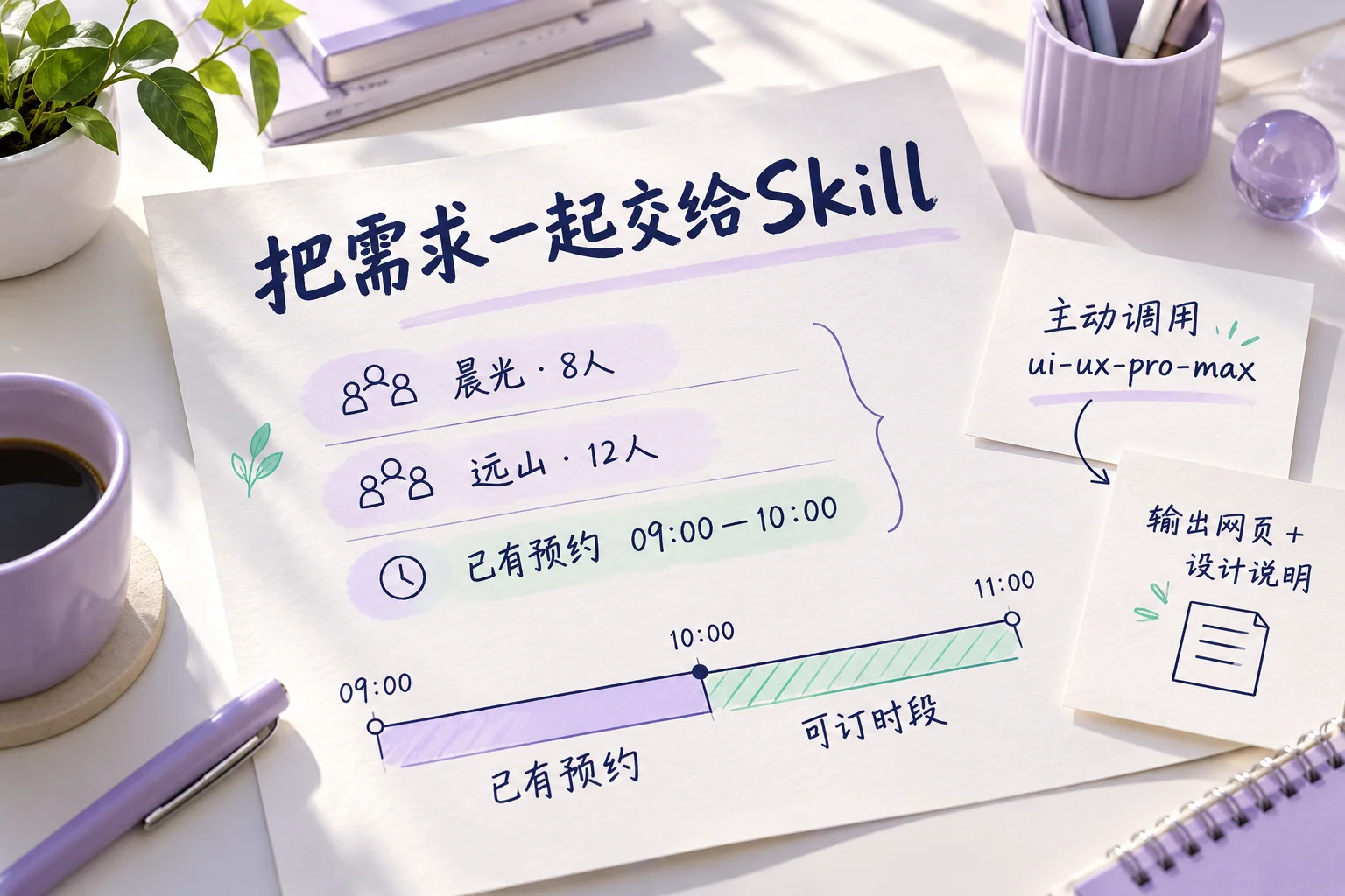 会议室预约需求稿列出两间会议室、已有预约与10点开始的可订时段