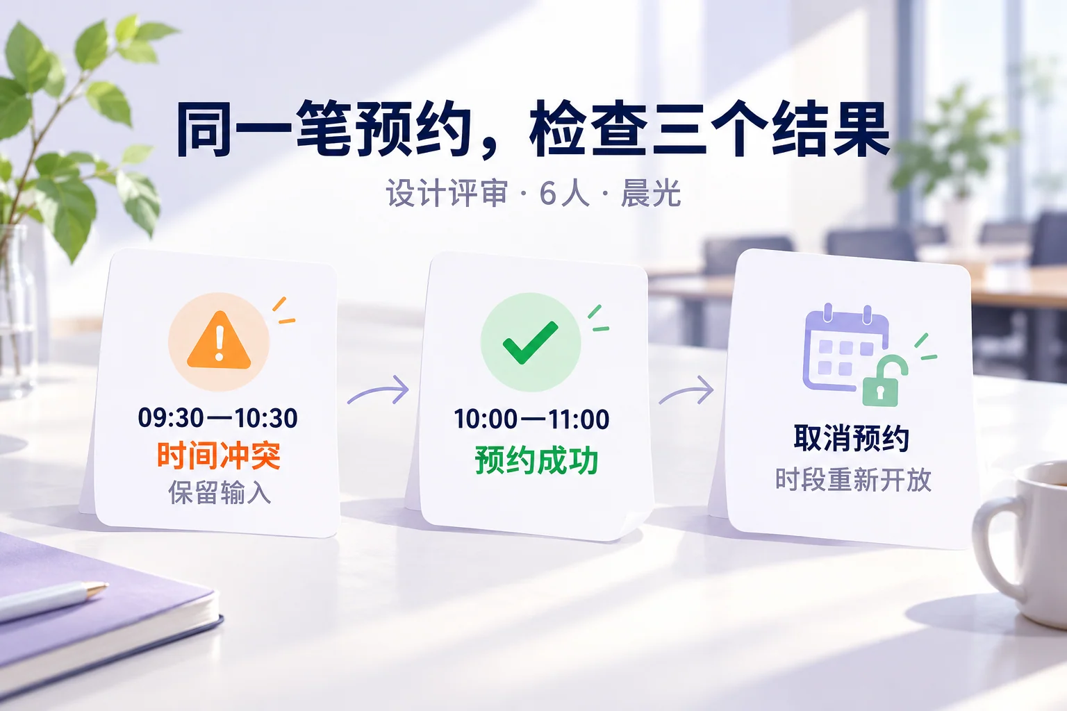 会议室预约在时间冲突、成功提交和取消后释放时段三个状态的表现