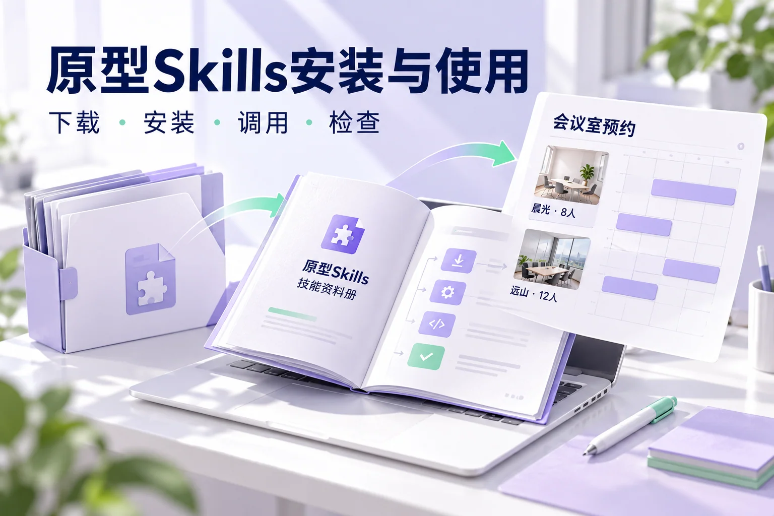 技能资料册与会议室预约页面连接,呈现下载、安装、调用和检查的步骤