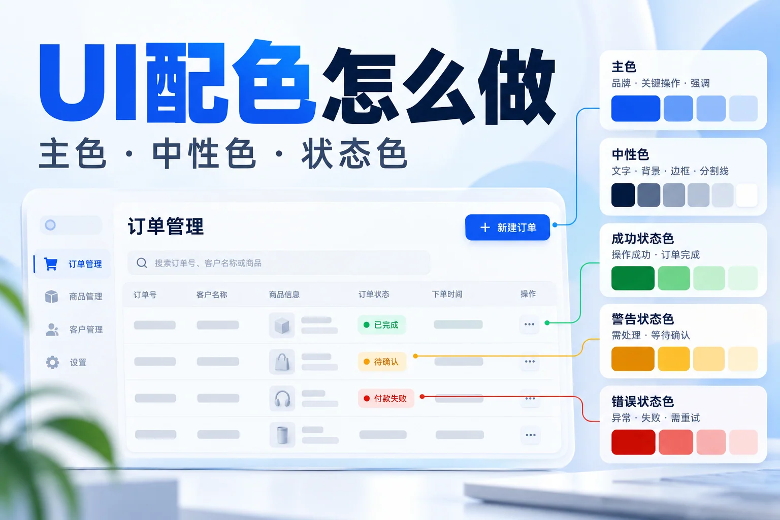 UI配色以订单工作台展示主操作、中性色和成功警告错误状态