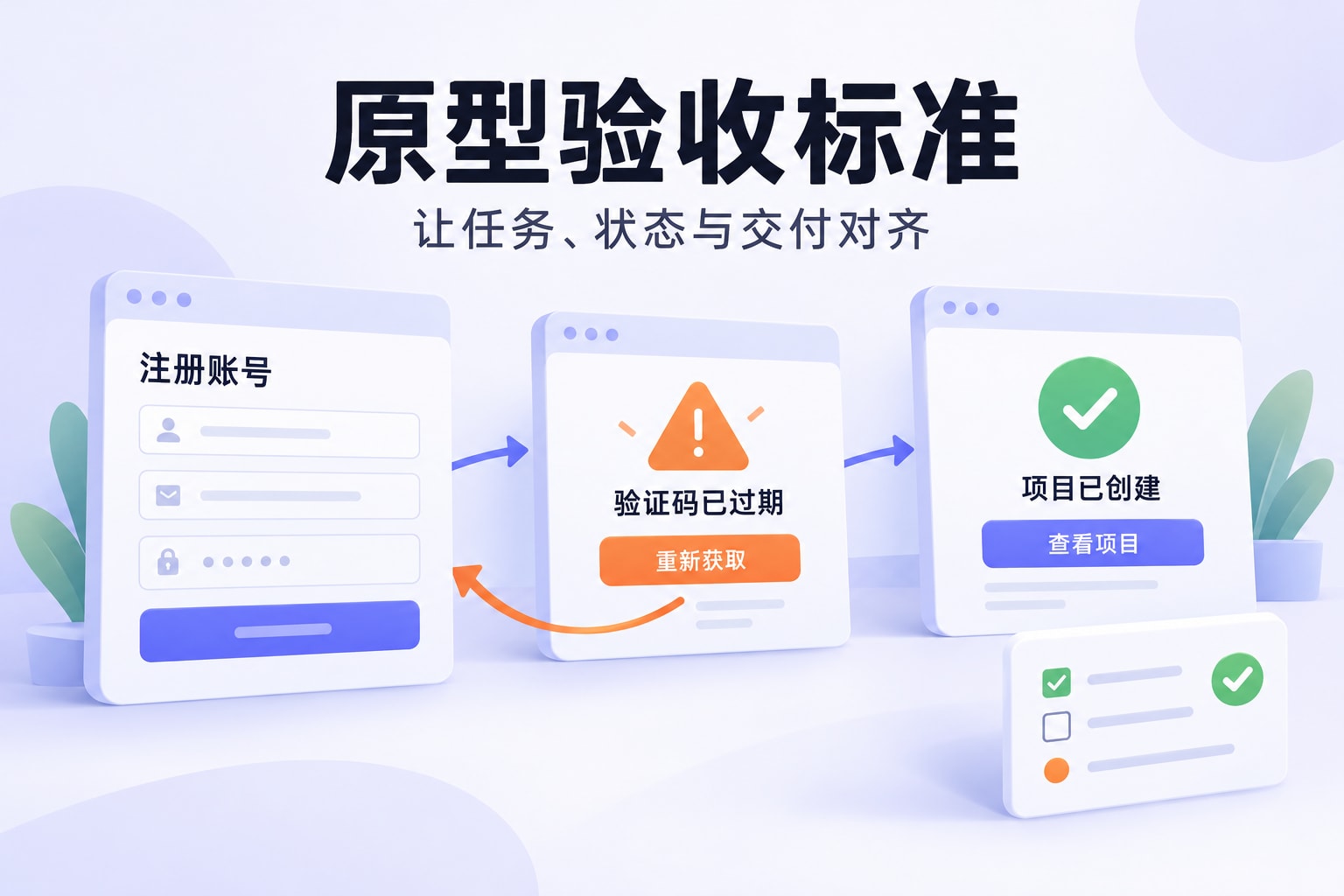 原型验收标准：注册、验证码过期恢复与项目创建状态